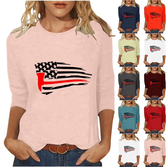 Dazajoo 4th of July Tops for Women American Flag Print 3/4 Sleeve Shirts 2024 Womens Patriotic Crew Neck Independence Day Tunics,White,M