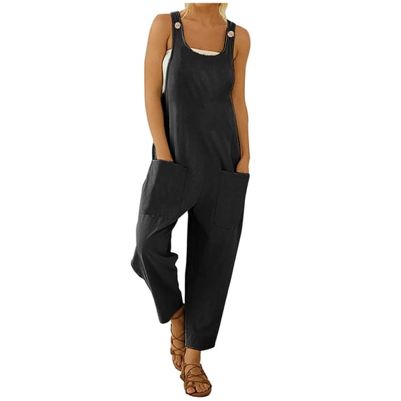 Dazajoo Adjustable Strap Jumpsuits for Women 2024 Summer Womens Cotton Linen Solid Color Loose Fit Rompers Dressy Trendy Sleeveless Wide Leg Long Pants with Pockets,Black,XL