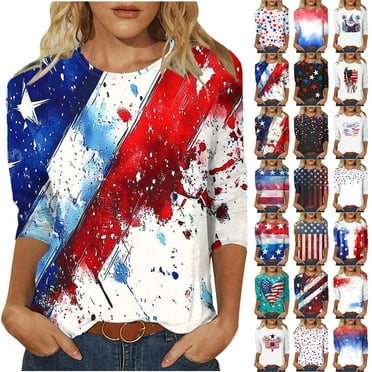 Dazajoo American Flag Blouses for Women Plus Size 3/4 Sleeve 4th of July Patriotic Graphic Shirts 2o25 Summer Independence Day Round Neck Tops,Red,S