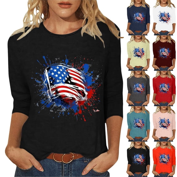Dazajoo American Flag Shirts 4th of July Women Vintage USA Patriotic Shirt Summer Casual Round Neck 3/4 Sleeves T-Shirt Tops Blouse for Women 2024 Deals of Today,Gray,M
