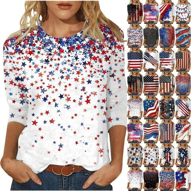 Dazajoo American Flag Shirts for Women 4th of July 3/4 Sleeve Tops 2o25 Independence Day Crew Neck Patriotic Blouses,Multicolor,S