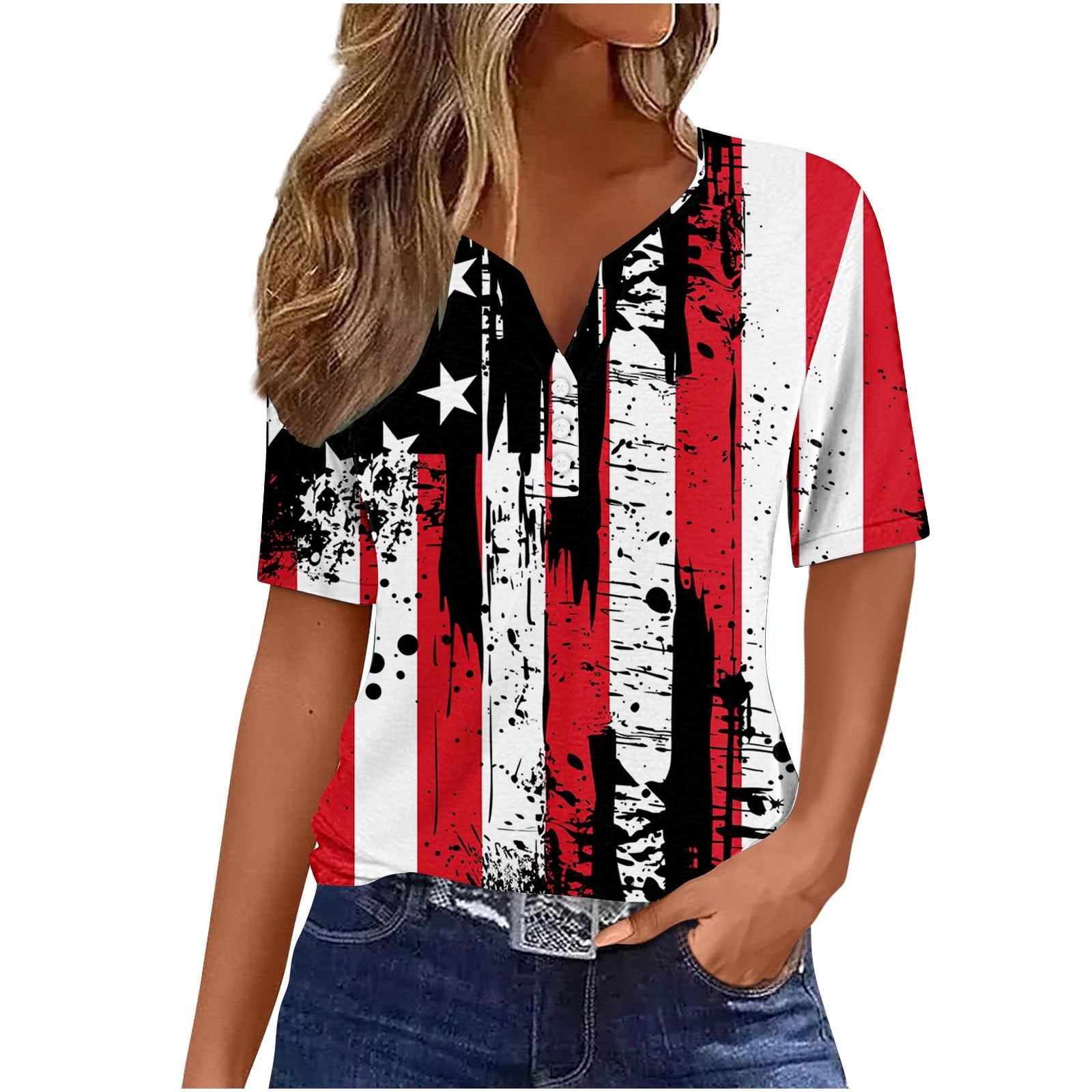 Dazajoo American Flag T Shirt Patriotic Blouses Women 4th of July Short