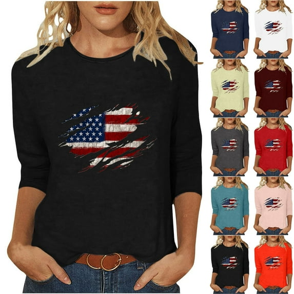 Dazajoo American Flag T Shirt for Women 4th of July USA Flag 3/4 Sleeve Shirts 2024 Womens Independence Day Round Neck Patriotic Tunic Tops Sales Today,White,M