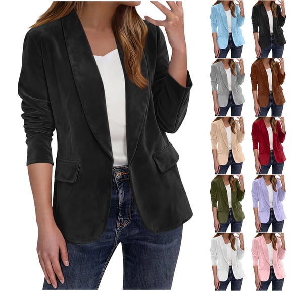 Dazajoo Black Faux Suede Blazers for Women Lapel Long Sleeve Open Front Blazer Business Casual Work Office Suit Jackets,S