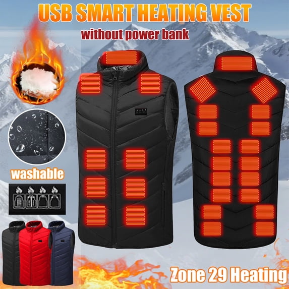 Dazajoo Black Heated Vest for Women and Men Plus Size Quilted Jackets with 29 Heating Zones and 3-levels Winter Outdoor Zip Up Stand Collar Sleeveless Coats,S