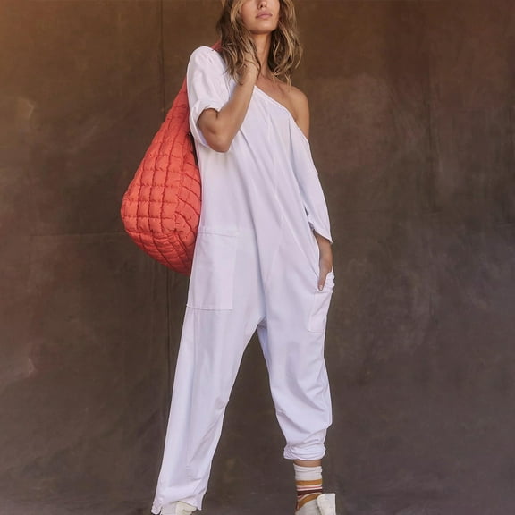 Dazajoo Black Jumpsuits for Women Short Sleeve Lounge Onesies Solid Casual Loose Overalls Straight Wide Leg Rompers Lightweight Work Jumpsuit with Pockets on Clearance White M