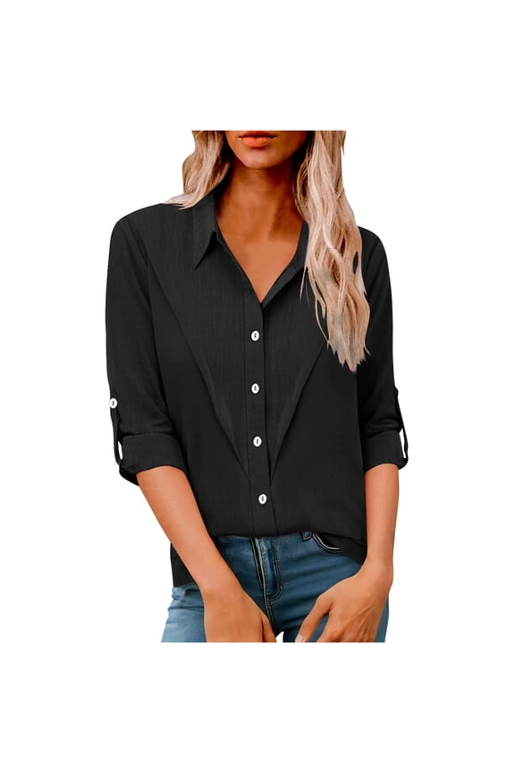 Black Long Sleeve Button Up Blouses for Women Dressy Casual Plus Size Linen Shirts Summer Lightweight Loose Solid Tops,XXXXXL