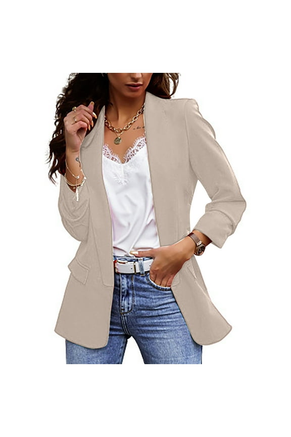 Blazer Jackets for Women Open Front Long Sleeve Casual Work Office Blazers with Pockets 2024 Womens Fashion Solid Color Lapel Neck Balzer Suit,Khaki,S