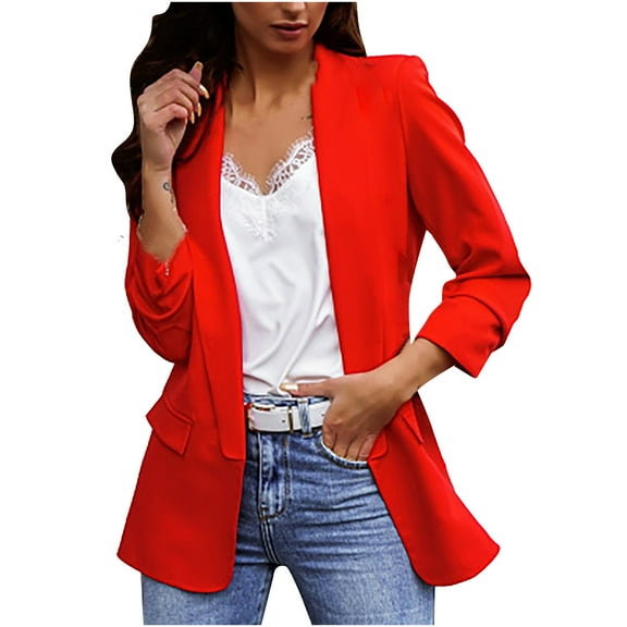Dazajoo Blazer Jackets for Women Open Front Long Sleeve Casual Work Office Blazers with Pockets 2024 Womens Fashion Solid Color Lapel Neck Balzer Suit,Red,XL