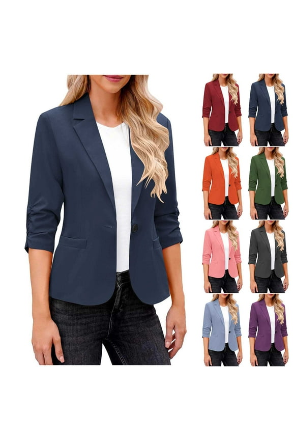 Blazers for Women Business Casual 3/4 Ruched Sleeve Solid Suit Jackets Lightweight Lapel Collar Blazer with Pockets,Army Green,S