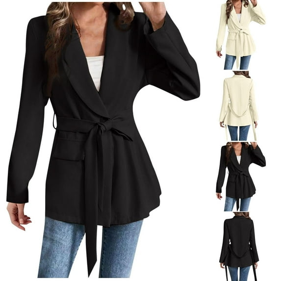 Dazajoo Blazers for Women with Belt Casual Long Sleeve Botched Suit Jacket Solid Color Office Work Blazer,Beige,L