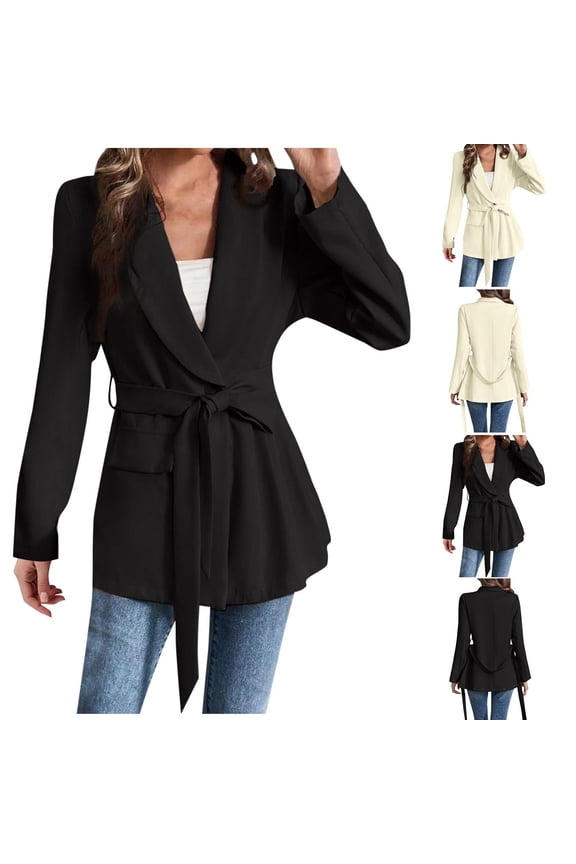 Blazers for Women with Belt Casual Long Sleeve Botched Suit Jacket Solid Color Office Work Blazer,Black,M