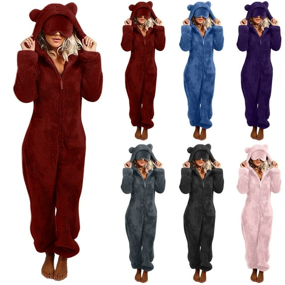 Dazajoo Blue Fuzzy Onesie Pajamas for Women Zipper Hooded Long Sleeve Jumpsuit Warm Sleepwear Cute Sherpa Romper with Eye Mask,M