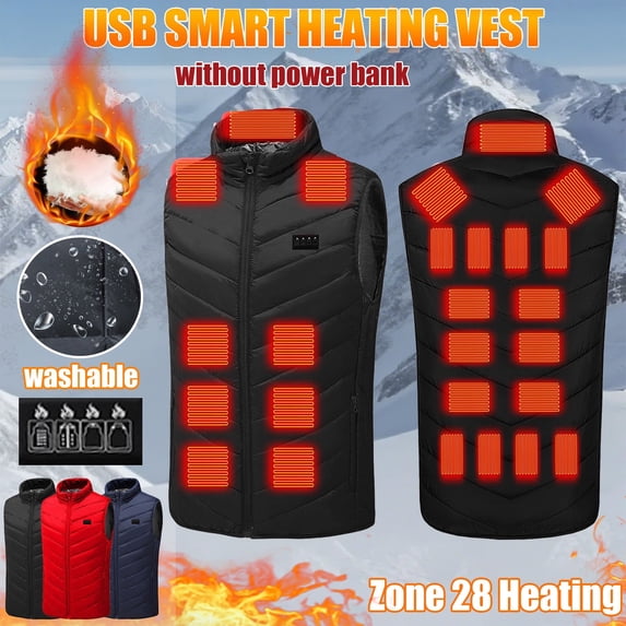 Dazajoo Blue Heated Vest for Women and Men Plus Size Quilted Jackets with 28 Heating Zones and 3-levels Winter Outdoor Zip Up Stand Collar Sleeveless Coats,S