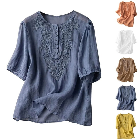 Dazajoo Boho Embroidered Tops for Women 2025 Summer Cotton Linen Peasant Blouses Short Sleeve Bohemian Shirts,White,XL