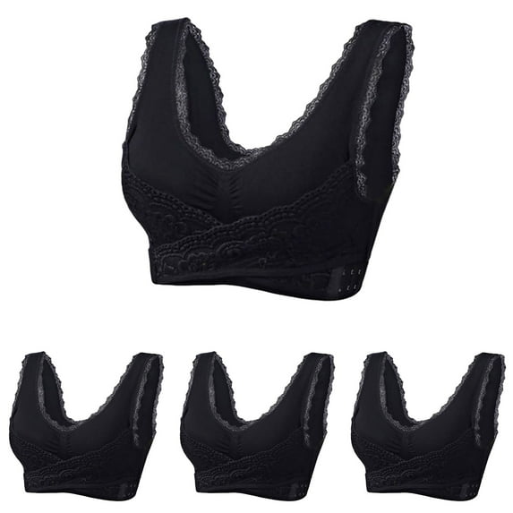Dazajoo Bras for Women No Underwire,4PCWoman's Embroidered Glossy Comfortable Breathable Bra Underwear No Rims,Black,L