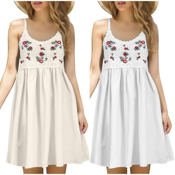 Dazajoo Cami Dresses for Women 2025 Vintage Embroidered Hollow Out Dresses Summer Spaghetti Straps Beach Sundress,White,Free Size