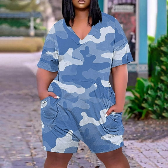 Dazajoo Camouflage Jumpsuits for Women Plus Size V Neck Short Sleeve Back Zip Overalls 2024 Summer Womens Casual Oversized Short Rompers with Pockets,Multicolor,XXXXL