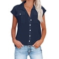 thumbnail image 1 of Dazajoo Cap Sleeve Button Down Shirts for Women 2024 Summer Casual Lightweight Solid Color Blouses with 2 Pockets Womens Trendy Lapel V Neck Tshirts,Navy,S, 1 of 5