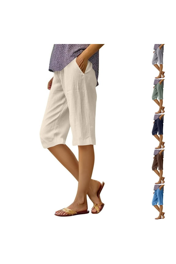 Capri Pants for Women 2025 Knee Length Cotton Linen Capris Summer Straight Leg Loose Beach Bermuda Shorts with Pocket,Dark Blue,S