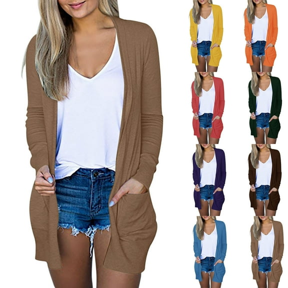 Dazajoo Cardigan Sweaters for Women Lightweight Long Sleeve Cardigans with Pockets Casual Open Front Outwear,Khaki,M
