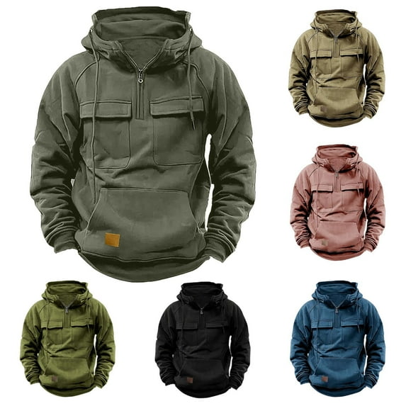 Dazajoo Cargo Hoodies for Men Solid Color Quarter Zip Drawstring Hooded Sweatshirts with Pockets 2025 Fall Winter Plus Size Workout Pullover Cargo Sweaters,Blue,S