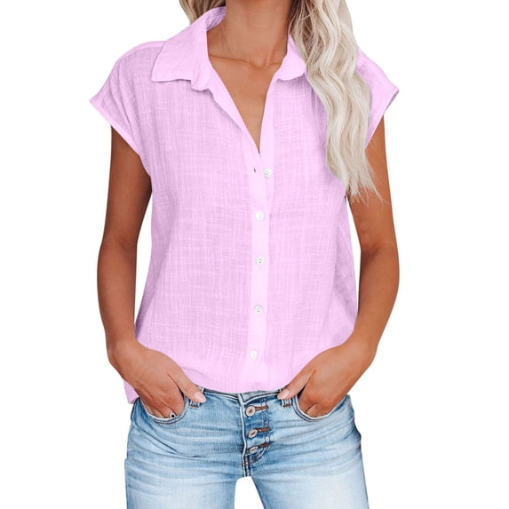 Dazajoo Casual V Neck Button Down Shirts for Women Summer Solid Color Short Sleeve Blouse Tops 2024 Womens Comfy Loose Cotton Linen Lapel Neck Tunics,Purple,XXXL
