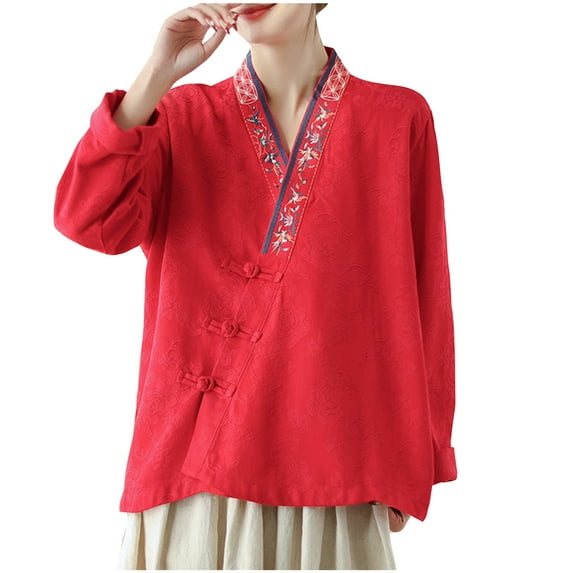 Dazajoo Chinese Style Retro Frog Button Embroidery Shirts Women's Cotton Linen Loose Vintage Long Sleeve Blouse Tunic Top 2024 Summer Dressy Trendy Slant Button V Neck Tunics Tops for Women,Red,M