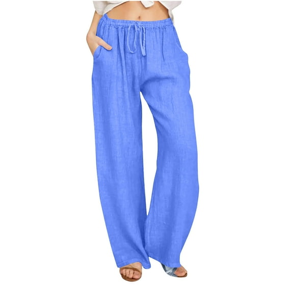 Dazajoo Cotton Linen Pants Womens Plus Size Wide Leg Elastic High Waiste Lounge Pants with Pockets 2025 Summer Dressy Casual Loose Solid Drawstring Trousers for Women,Blue,XXL