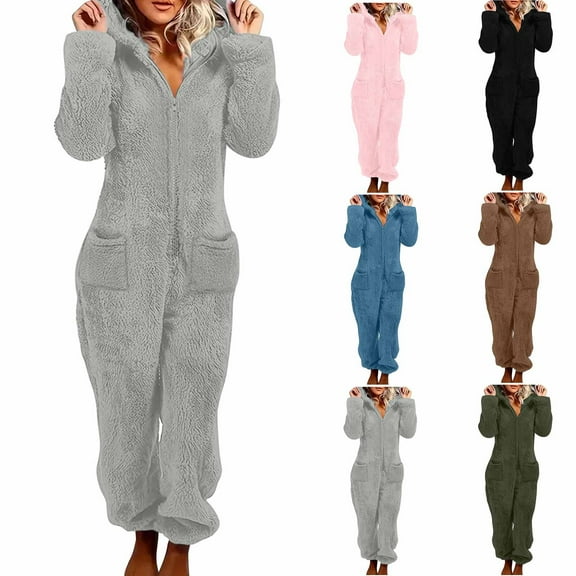 Dazajoo Coffee Onesie Pajamas for Women Warm Fleece Jumpsuits Fuzzy Plush Hooded Overalls with Pockets Long Sleeve Jumper Pants Loungewear,L