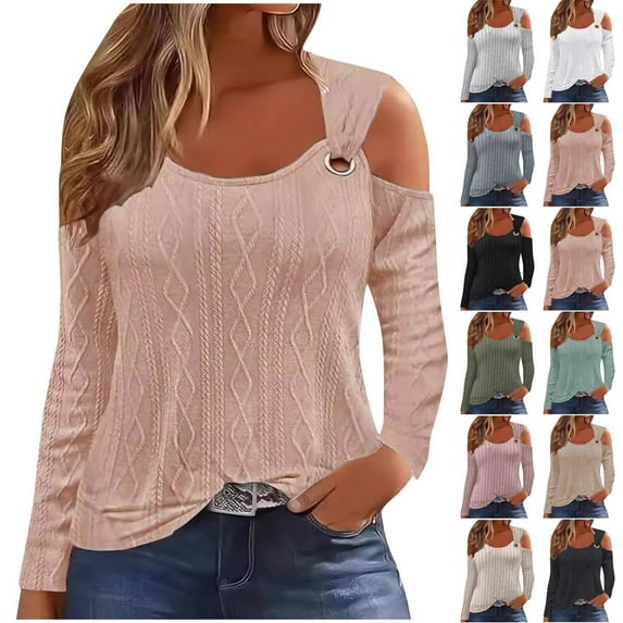 Dazajoo Cold Shoulder Long Sleeve Tops for Women Vintage Dressy Elegant Round Neck Shirts with O Ring Strap Casual Solid Color Fall Fashion Blouses 2024 Fashion,Pink,XL
