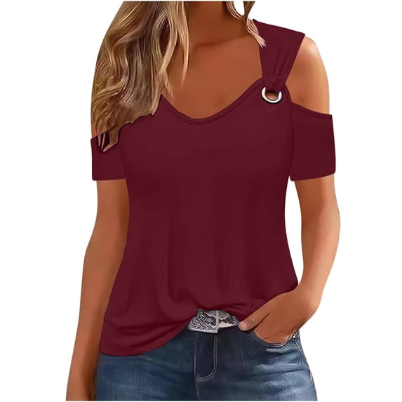 Dazajoo Cold Shoulder V Neck Top Women's Casual Loose Fit Short Sleeve Shirts 2024 Summer Baggy Fashion Solid Color Tee Blouses for Women,Red,M
