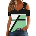 thumbnail image 1 of Dazajoo Color Block Cold Shoulder Shirts for Women Dressy Casual Striped Short Sleeve Tops 2024 Summer Womens Fashion Relaxed Fit Blouses,Green,M, 1 of 5