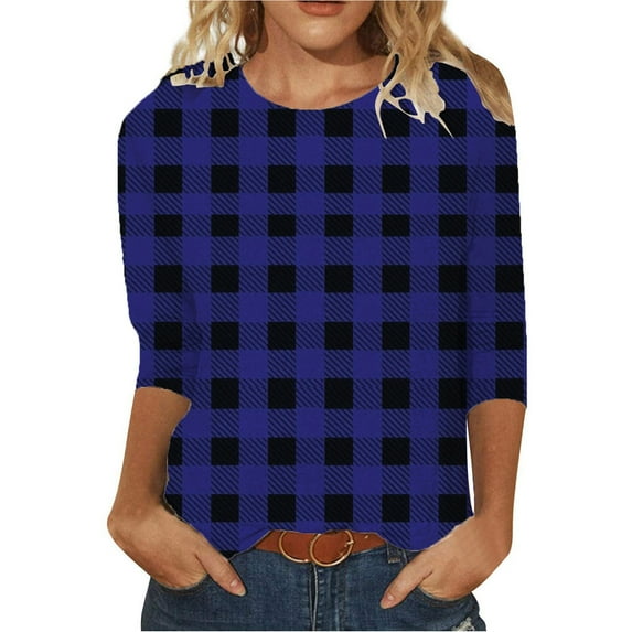 Dazajoo Color Block Plaid Shirt Women Casual 3/4 Sleeve Ruond Neck Tops 2024 Summer Loose Fit Blouses for Women,Blue,L