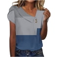 thumbnail image 1 of Dazajoo Color Block Short Sleeve Tops for Women Slant Collar Button V Neck Elegant Tunic Tee 2024 Womens Summer Sprited Csaual Shirts,Blue,XXXL, 1 of 5