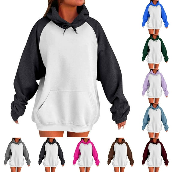 Dazajoo Color Block Sweatshirts for Women Casual Raglan Long Sleeve Oversized Hoodie with Pocket Fall Winter Lightweight Drawstring Pullover Tops,Gray,XL