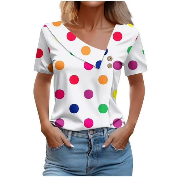 Dazajoo Colorful Polka Dot Tops for Women Casual Cute Short Sleeve Button Shirts 2024 Womens Slant Lapel V Neck Blouses Summer Loose Fit Tees Shirt,White,XXXL