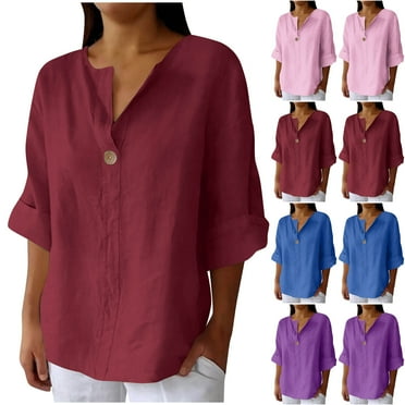 Dazajoo Cotton Linen 3/4 Sleeve Tops for Women Button V Neck Summer Beach Shirts Casual Solid Color Basic Blouses,Blue,XXL
