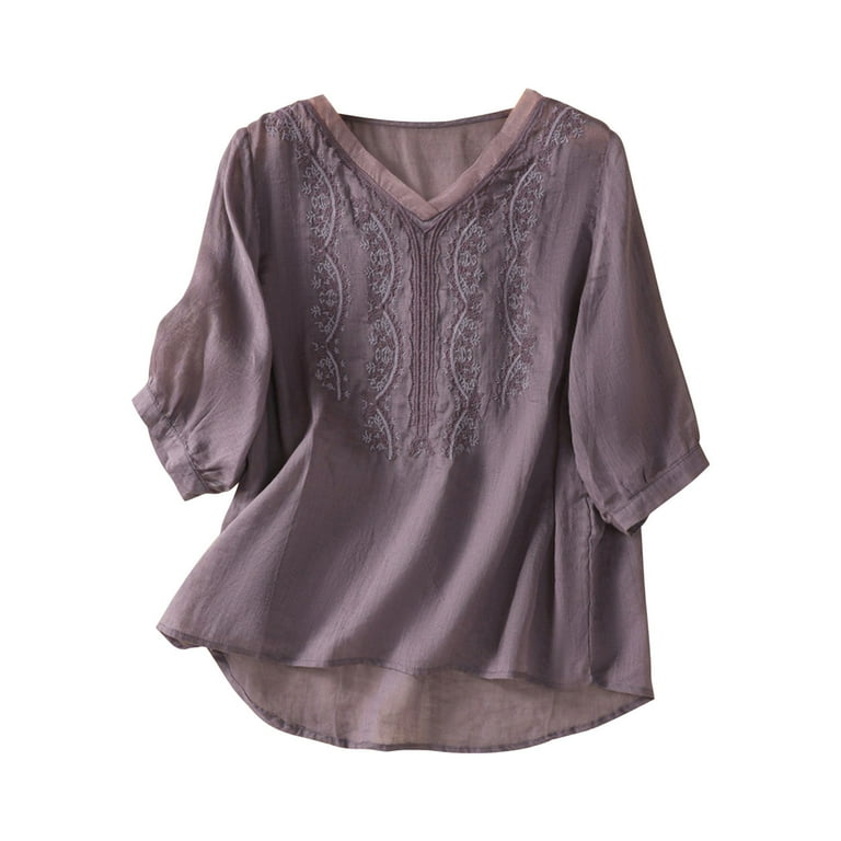 Dazajoo Cotton Linen 3/4 Sleeve Tops for Women Casual Embroidery