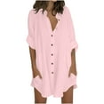 thumbnail image 1 of Dazajoo Cotton Linen Button Down Tunic Womens Casual Long Sleeve Lapel Neck Blouses 2024 Summer Long Lebgth Tops with Pockets for Women,Pink,XL, 1 of 5