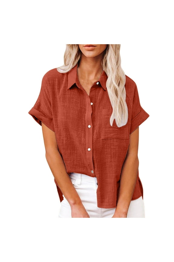 Cotton Linen Button Down Shirts for Women 2025 Dressy Casual Solid Color Short Sleeve Tops Fashion Lapel V Neck Blouses with Pocket,Orange,M