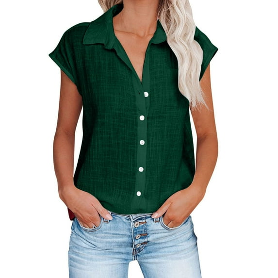 Dazajoo Cotton Linen Cap Sleeve Shirts for Women 2025 Summer Dressy Casual Solid Color Button Down Tunic Blouse Fashion Lapel V Neck Tees Shirt,Green,L