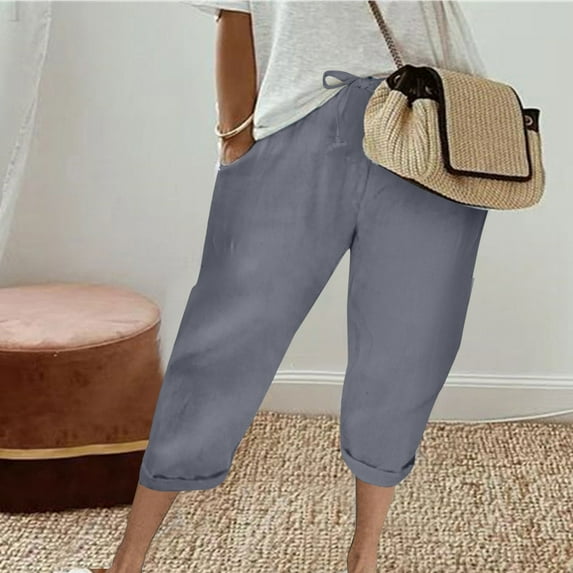 Dazajoo Cotton Linen Capris Pants for Women Summer Drawstring Elastic Waist Pants with Pockets 2024 Women's Loose Fit Solid Color Capris,Gray,M