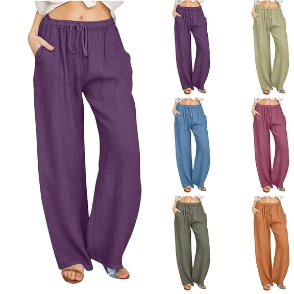 Dazajoo Cotton Linen Drawstring Pants for Women Plus Size Casual Elastic Waist Wide Leg Trousers with Pockets 2024 Autumn Women's Lightweight Comfy Solid Color Pants,Purple,XXXXL