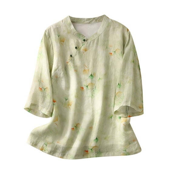 Dazajoo Cotton Linen Embroidery Blouse for Women Casual V-Neck 3/4 Sleeve Floral Shirts Vintage Comfy Lightweight Tunic Tops,Green,XL