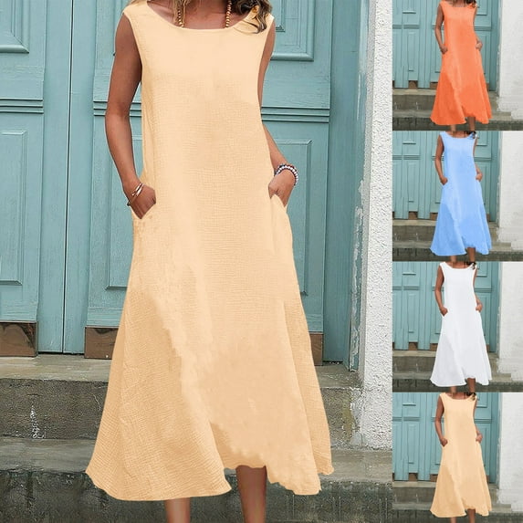 Dazajoo Cotton Linen Flowy Dress for Women Summer Sleeveless Crew-Neck Maxi Dresses with Pockets Casual A-Line Sundress,Sky Blue,XXXXXL