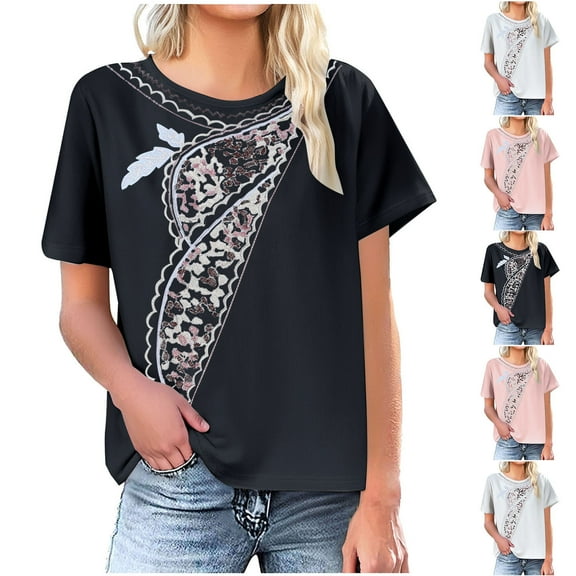 Dazajoo Cotton Linen Graphic Tees Women Vintage Boho Embroidered Print Short Sleeve Blouses Summer Casual Round Neck Tops,Black,S
