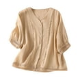 thumbnail image 1 of Dazajoo Cotton Linen Half Sleeve Tops for Women Casual Embroidery Lace Trim V Neck Shirts 2024 Summer Womens Elegant Loose Fit Button Down Solid Color Blouses,Khaki,M, 1 of 4