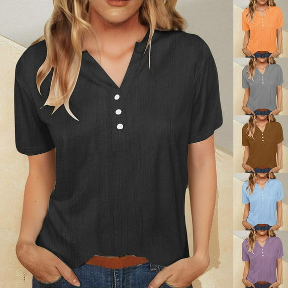Dazajoo Cotton Linen Henley Shirts for Women Short Sleeve V Neck Button Tops Summer Casual Solid Color Basic Tees,Purple,M