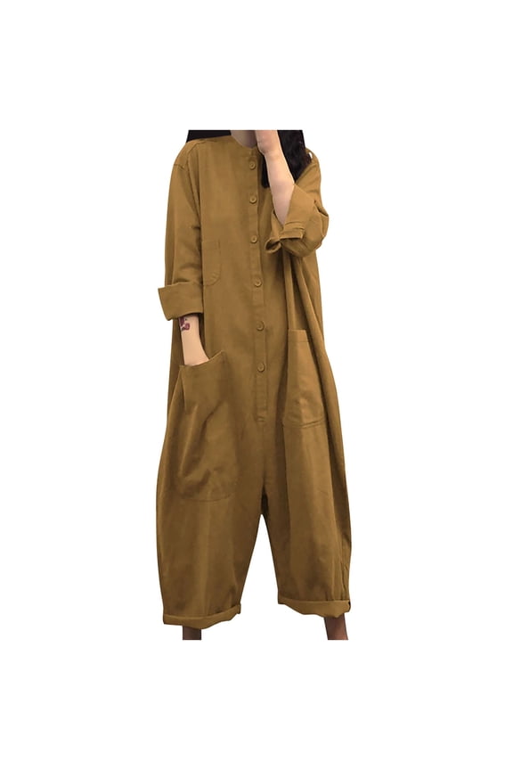 Cotton Linen Jumpers for Women Button Down Long Sleeve Wide Leg Bib Overalls with Pockets Summer Casual Beach Lounge Jumpsuit,Khaki,M